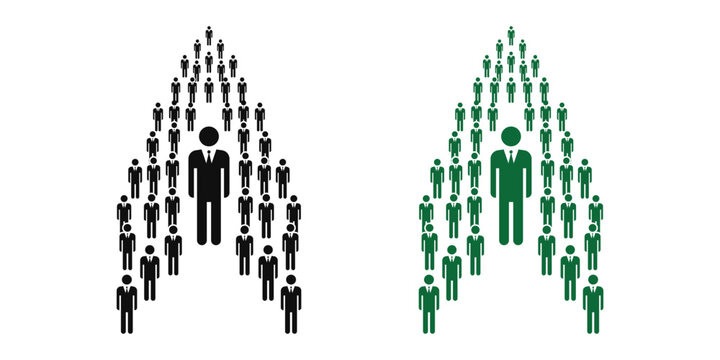 Business growth arrow concept with central leader icon set in black and green corporate team formations for success vision
