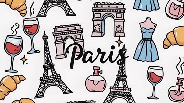 Charming Paris pattern with Eiffel Tower, Arc de Triomphe, croissants, wine glasses, and dresses, seamless motion graphic