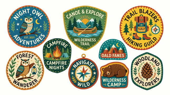 Colorful embroidered style outdoor adventure and nature patches.