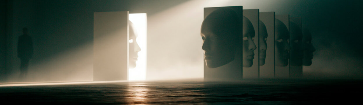 A series of human faces in profile, emerging from darkness into light. The image evokes a sense of mystery and introspection, with a dramatic use of light and shadow