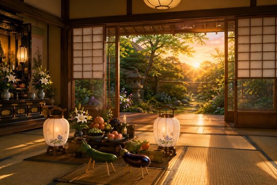 夕暮れ時の日本庭園を望む和室の仏壇に用意されたお盆の供え物