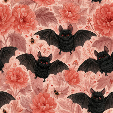 Cute gothic floral seamless pattern featuring friendly black bats with red eyes and bees among coral flowers and leaves