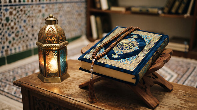 Traditional Quran on wooden stand with tasbih and glowing lantern.