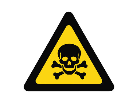 Yellow triangular toxic danger warning sign with skull and crossbones symbol, representing poison, toxic substances, hazardous materials, and safety risks.