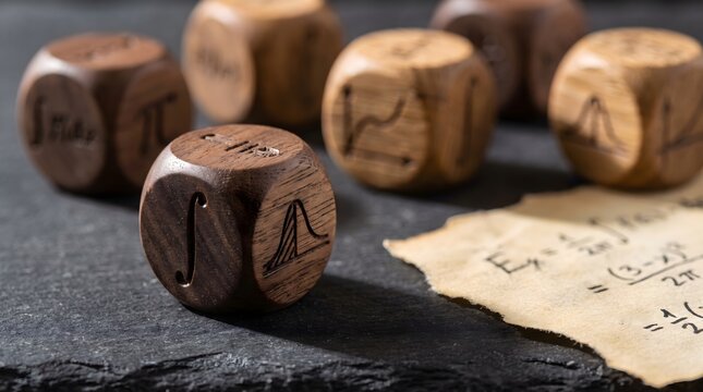 Hand carved wooden math dice with calculus symbols and formula parchment on slate stone