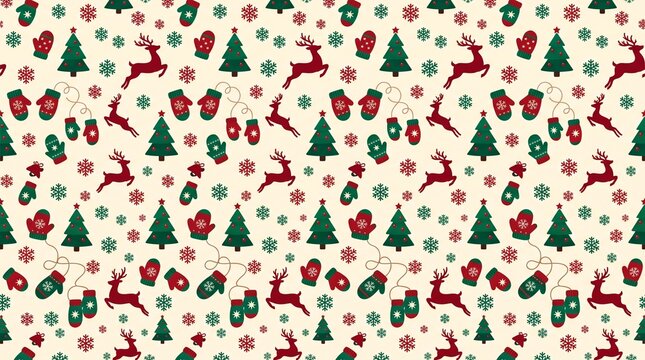 Retro Christmas Seamless Pattern, Vintage 50s Holiday Design, Red Deer Silhouettes, Green Trees, Socks And Mittens, Festive Background For Wrapping Paper