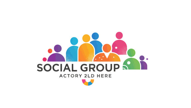 Colorful social group logo design with diverse abstract human figures representing community, connection, and teamwork in a vibrant vector illustration