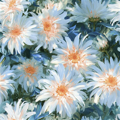 Obraz premium Dreamy pastel daisy garden seamless pattern with white and peach flowers creating soft and calming floral design