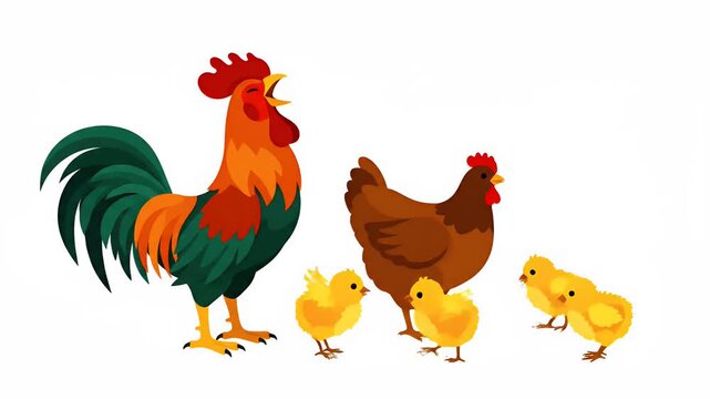 Rooster hen and chicks family on white background, farm animal, rural life, poultry, cute cartoon style