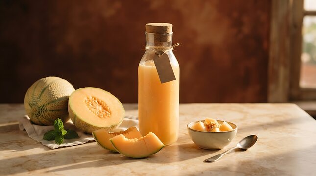 Fresh Cantaloupe Juice in a Glass Bottle with Sliced Fruit and Mint.