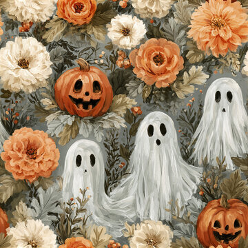 Halloween ghost pumpkin floral pattern with orange and white flowers creating playful enchanted harvest garden design