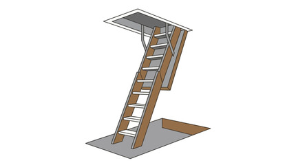 Vector illustration of an open wooden loft ladder extending down from an open ceiling hatch © Black