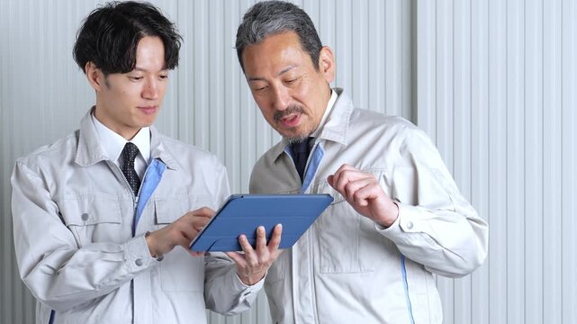 タブレットを使って現地調査をする作業員
