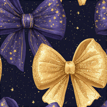 Festive celestial bow seamless pattern with glittering gold and regal purple stars on dark background, elegant holiday design