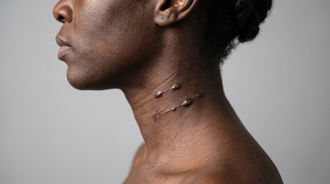 Side profile of dark skin neck showing raised keloid scars
