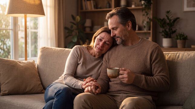 A supportive husband comforts his crying wife, holding her hand while sitting on a cozy living room sofa, expressing empathy and deep emotional connection.