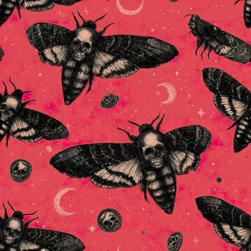 Gothic death head moth seamless pattern with detailed skull wings on red background creating eerie atmosphere
