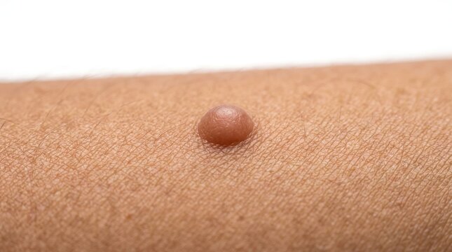 Macro shot of raised benign mole on skin of human forearm