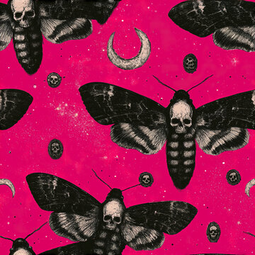 Gothic death head moth seamless pattern with skulls and crescent moons on vibrant pink background