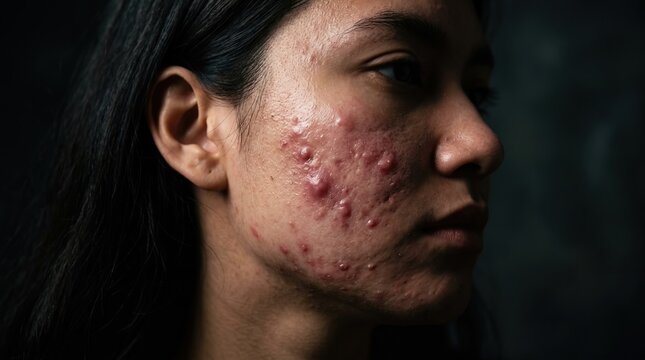 Side profile of young woman showing severe inflammatory acne papules on cheek