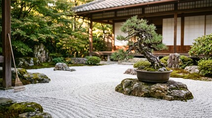 Fototapeta premium Zen Garden Bonsai Tree in Traditional Japanese Rock Garden Setting
