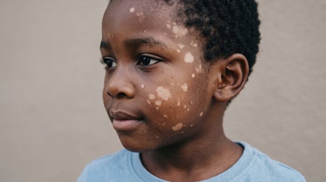 Portrait of young Black boy with vitiligo skin depigmentation patches on face
