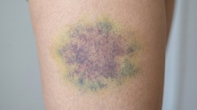 Close up photo of large healing purple and yellow contusion bruise on leg skin