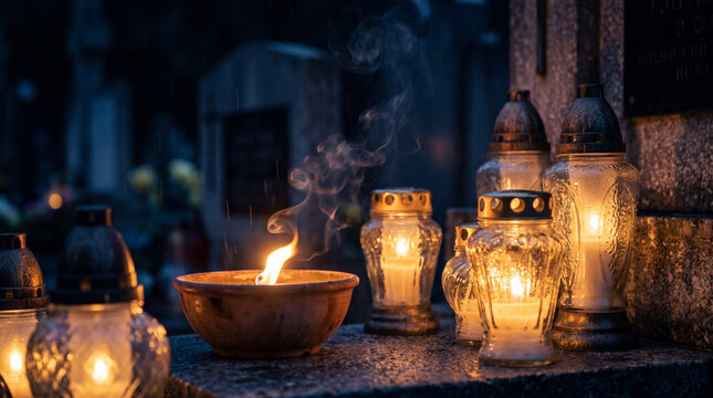 Glowing votive candles and a flickering bowl candle on a tombstone at night, creating an atmosphere of remembrance, mourning, and peace in a cemetery.
