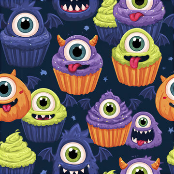 Kawaii cyclops cupcake seamless pattern featuring purple pumpkin and green frosting with playful monster faces