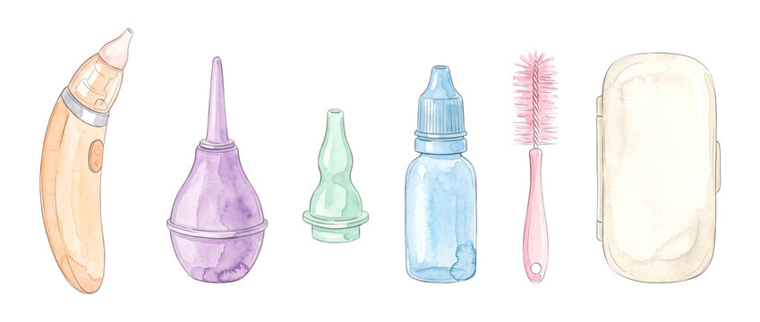 Baby nasal aspirator watercolor set of infant hygiene tools including electric snot sucker, bulb syringe, saline bottle, and cleaning brush isolated on white background for pediatric health design.