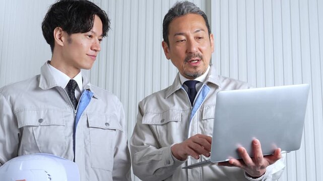 パソコンを使って現地調査をする作業員