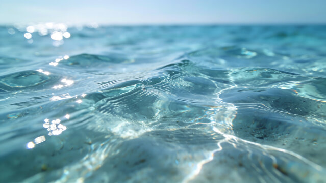 Turquoise ocean waves reflecting sunlight under clear blue sky.