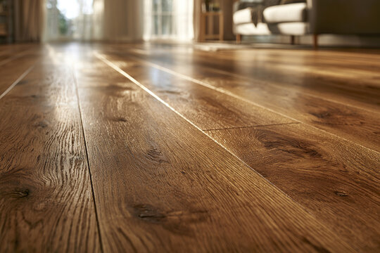 Luxurious dark oak hardwood flooring with natural wood grain texture in warmly lit living room setting