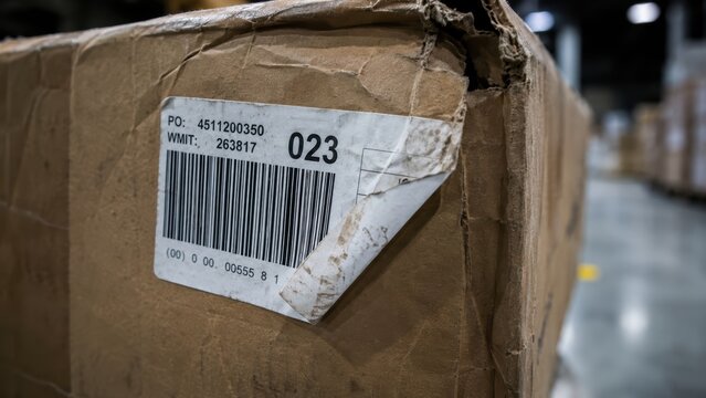 Damaged cardboard box with barcode label for warehouse shipping and logistics