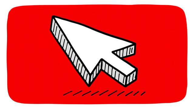 Doodle style hand drawn computer mouse cursor arrow icon on a red rectangular background with handdrawn interface illustration computer technology navigation creative