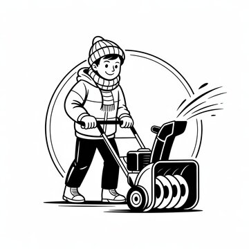Boy using a snow blower. Child clearing driveway with snow removal machine in winter.