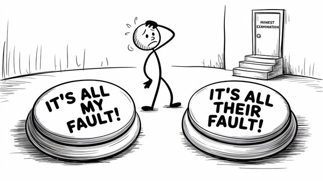 Stick figure choosing between blame options. Person deciding between self and others fault.