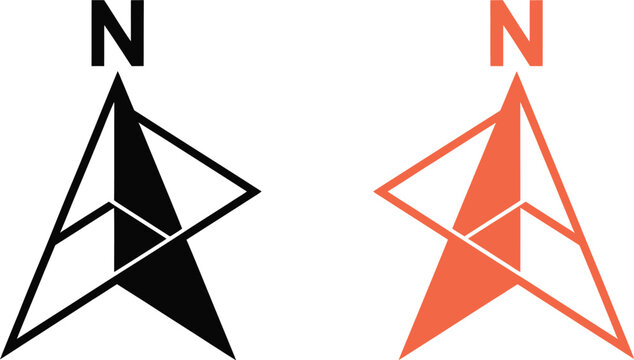 Compass and north arrow icons with navigation, map orientation, travel direction, geographic guidance, location symbols, and minimal outline interface graphics, vector, designs