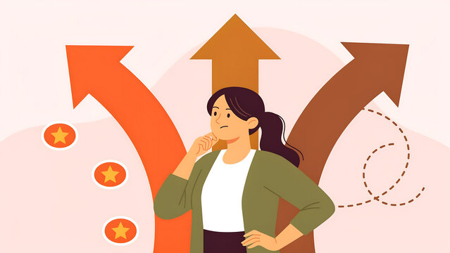 Woman thinking about career choices and future direction with thinking decision direction planning strategy confused business opportunity illustration question