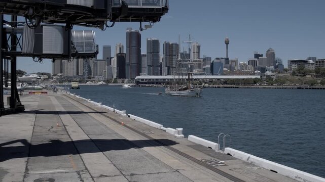 Aerial View of Barangaroo Waterfront With Ship and Sydney Skyline in