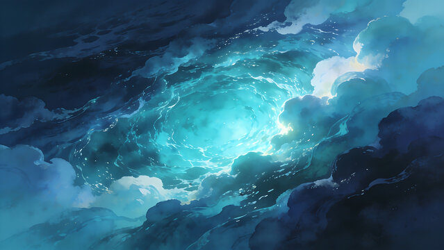 Dramatic storm clouds swirling over a turbulent ocean horizon.