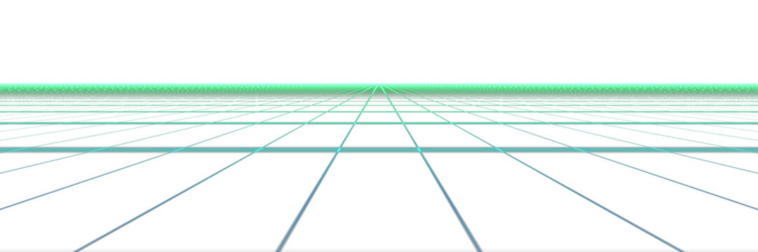 Green Retrowave Neon Grid Overlay, Isolated on Transparent Background. Isolated glowing retrowave neon grid for VFX, motion graphics and cinematic compositing.