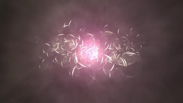 Glowing Intersecting Circular Outlines. Abstract bokeh-like cluster of luminous rings, overlapping wireframe crescents, and radiant flares expanding from a bright pink center on a warm dark background
