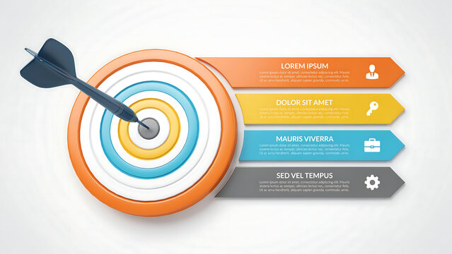 Business infographic target and dart with four colorful bullet points infographic business strategy marketing presentation planning achieving analysis corporate template