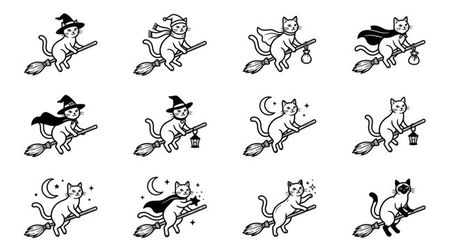 Black and white witch cat illustrations on brooms.