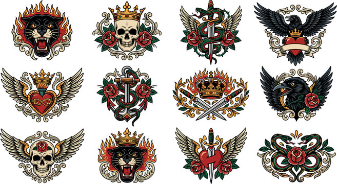 Old school tattoo emblem vector set featuring roaring panther, skull and crown, snakes wrapped around daggers, anchors, red roses, hearts, and black ravens on white background.