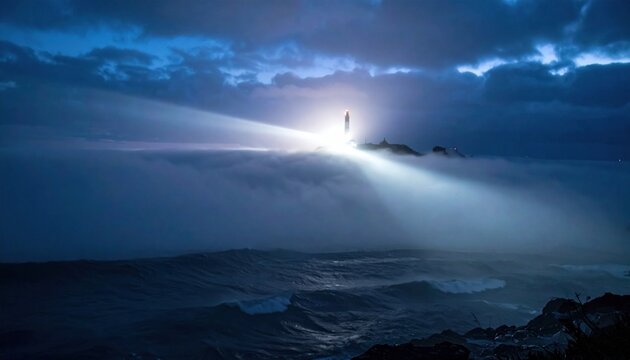 Lighthouse beam through dark fog over night sea.