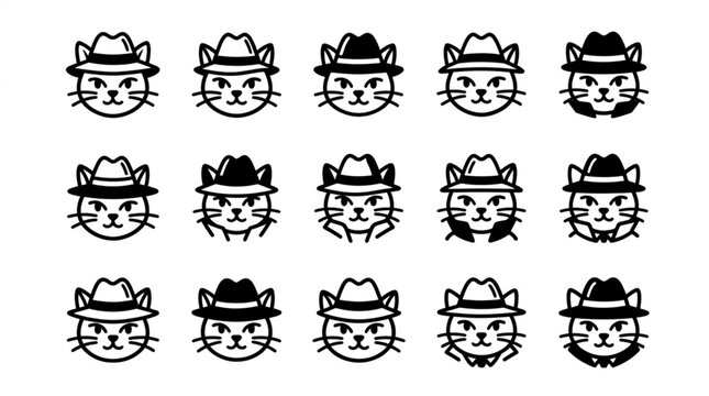 Collection of cartoon cat faces wearing different hats.
