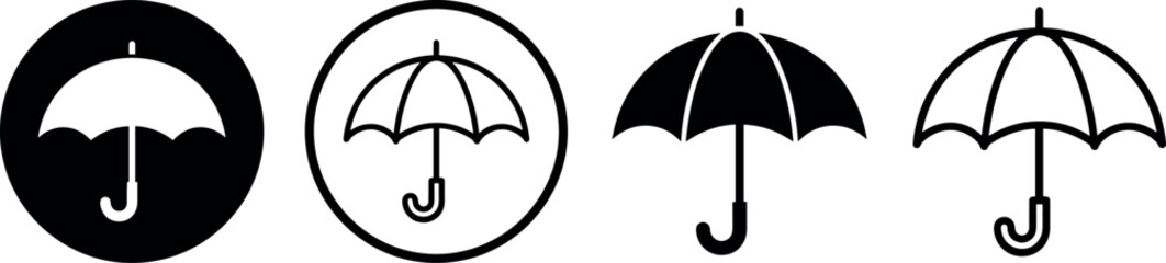 Umbrella icon vector set featuring rain protection symbols, weather forecast interface buttons, and black line art parasol outlines on white background. © AFSANA AKTER