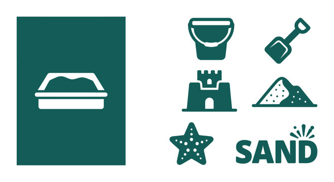 Minimal dark teal sandbox icon set featuring flat vector designs of a bucket, shovel, sandcastle, sand pile, starfish, and bold SAND text. High-quality monochrome graphics for web.